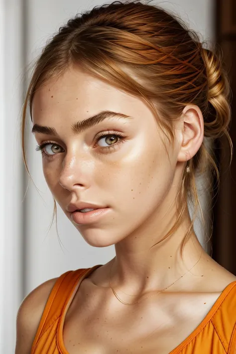 photo of <lora:sd15_ElizabethTurner_mini_v1:.9> ElizabethTurner, focus on eyes, close up on face, pouting, burnt-orange color hair styled double dutch bun, soft natural lighting