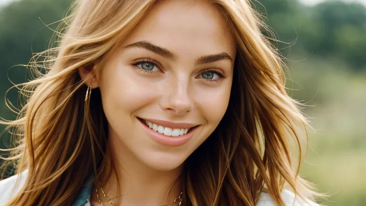 photo of <lora:sd15_ElizabethTurner_mini_v1:.9> ElizabethTurner, focus on eyes, close up on face, huge smile, wearing jewelry, light peach hair styled textured layers hair, soft focus