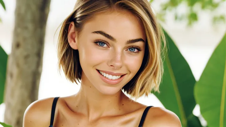 photo of <lora:sd15_ElizabethTurner_mini_v1:.9> ElizabethTurner, focus on eyes, close up on face, huge smile, hair styled french crop hair,