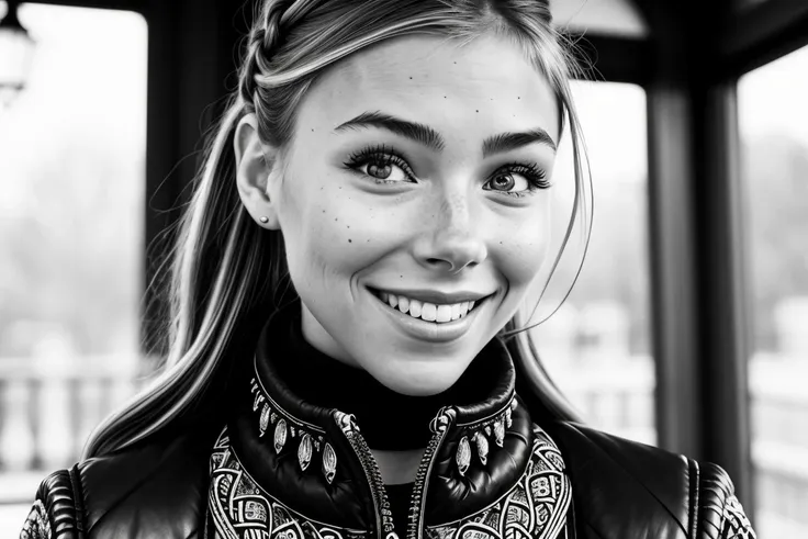 (zentangle style, patterned, intricate, detailed, black and white:1.15), (shot from a Dutch angle, closeup on face:1.2) <lora:sd15_ElizabethTurner_mini_v1:.9> ElizabethTurner, smiling, she is wearing letterman jacket , her hair is styled as spiral braid, BREAK she is (in the veranda:1.1), soft bounced lighting, dreamy haze,8mm fisheye lens ,shot on Hasselblad X1D II, smooth color gradations , in the style of Martin Schoeller