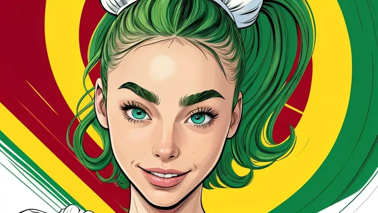 (comic, graphic illustration, comic art, graphic novel art, vibrant, highly detailed:1.15), <lora:sd15_ElizabethTurner_mini_v1:.9> ElizabethTurner, focus on eyes, close up on face, huge smile, true green color hair styled Straight Ballerina Bun,