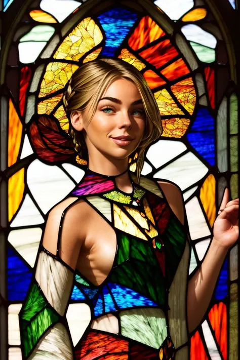 ((stained glass style:1.4), vibrant, fragmented, light effects, highly detailed:1.15), <lora:sd15_ElizabethTurner_mini_v1:.9> ElizabethTurner, focus on eyes, close up on face, grinning, wearing jewelry, hair styled mermaid braid,
