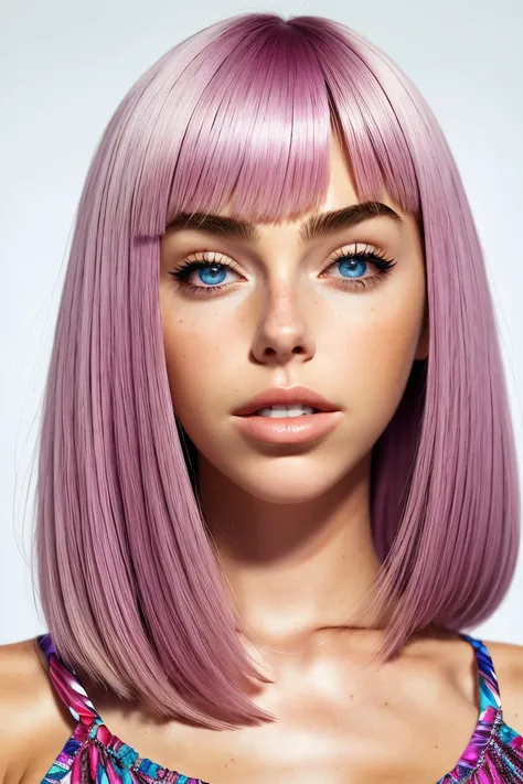 (pop surrealistic, dreamlike, pop culture elements, vibrant, detailed:1.15), <lora:sd15_ElizabethTurner_mini_v1:.9> ElizabethTurner, focus on eyes, close up on face, grinning, pale plum color hair styled textured bangs hair,