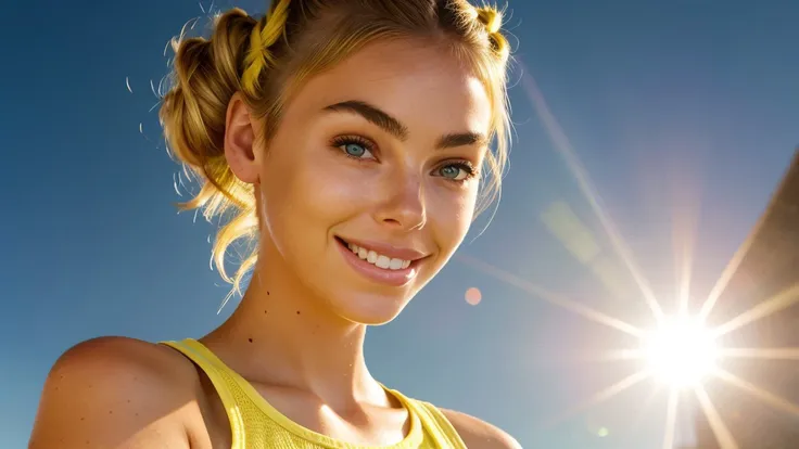 photo of <lora:sd15_ElizabethTurner_mini_v1:.9> ElizabethTurner, focus on eyes, close up on face, smiling, lemon color hair styled Curly Space Buns, lens flare