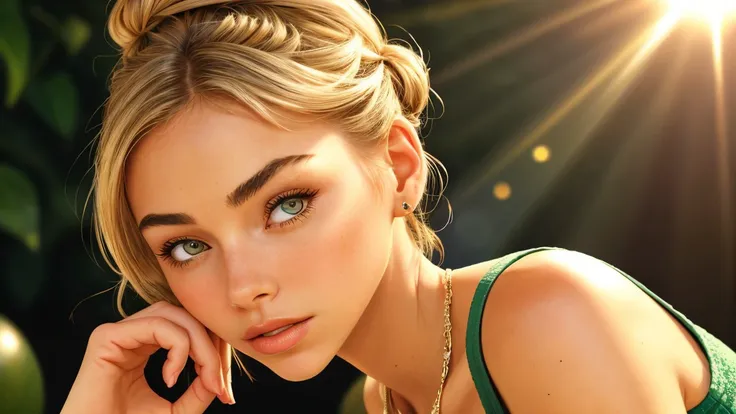 (retro style, vintage colors, old-school design, nostalgic:1.15), <lora:sd15_ElizabethTurner_mini_v1:.9> ElizabethTurner, focus on eyes, close up on face, wearing jewelry, Cantaloupe light color hair styled braided bun, lens flare