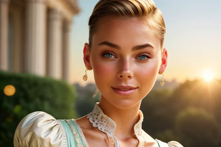 (rococo art, ornate, pastel, romantic, highly detailed:1.15), <lora:sd15_ElizabethTurner_mini_v1:.9> ElizabethTurner, focus on eyes, close up on face, smile, hair styled short slicked back hair, lens flare