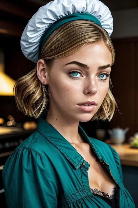 (shot from a Dutch angle, closeup on face:1.2) photo of <lora:sd15_ElizabethTurner_mini_v1:.9> ElizabethTurner, she is wearing dotera, her hair is styled as bob hair, BREAK she is (in the kitchen:1.1), soft lighting, solarized,