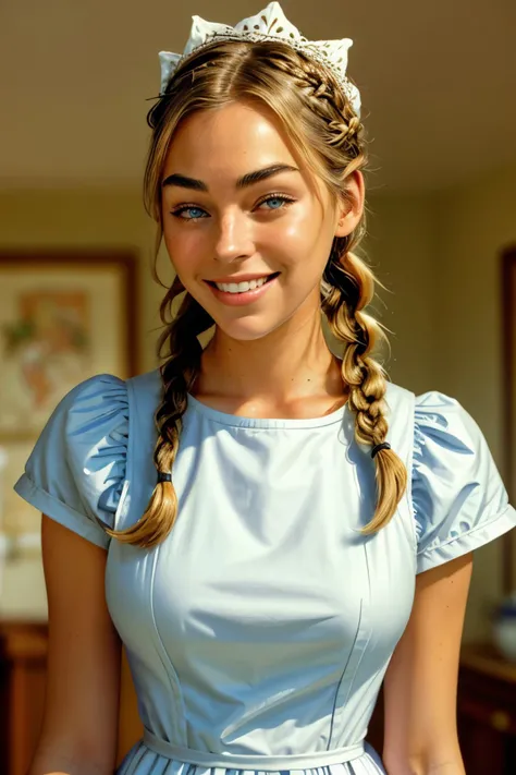(style of Robert McCall:1.15), close range of <lora:sd15_ElizabethTurner_locon_64_v2-000022:1> ElizabethTurner, focus on smiling face, wearing a maid dress <lora:victorian_maid-1.0:0.8> , her pea soup color hair is styled as Straight Braid Crown,