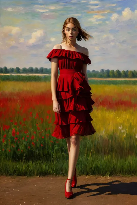 (impressionist landscape, brush strokes, atmospheric, Monet style:1.15), (full body shot:1.4), <lora:sd15_ElizabethTurner_locon_64_v2-000022:1> ElizabethTurner, pouting, cherry red color hair styled as layered shoulder-length hair