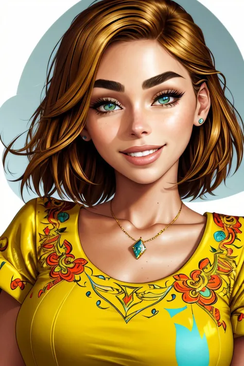 (isometric style, vibrant, beautiful, crisp, detailed, ultra detailed, intricate:1.15), <lora:sd15_ElizabethTurner_locon_64_v2-000022:1> ElizabethTurner, focus on eyes, close up on face, huge smile, wearing jewelry, light chartreuse hair styled as choppy lob hair, ND filter