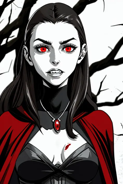 realistic photo of <lora:sd15_ElizabethTurner_locon_64_v2.0:.9> ElizabethTurner, solo, half shot, looking at viewer, detailed background, detailed face, ( theme:1.1) vampire, piercing gaze, bloodthirsty, vampire fangs, tattered vampire clothes, cape, pendant, movement, evil expression, blood stains, supernatural abilities, ethereal aura, magical red glow, cobwebs, forest in background, red moon, dark night, contrast, shadows, mysterious atmosphere,