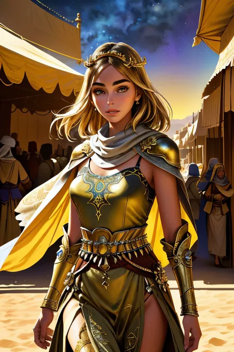 realistic photo of <lora:sd15_ElizabethTurner_locon_64_v2.0:.9> ElizabethTurner, Style-GravityMagic, portrait, solo, half shot, looking down, detailed background, detailed face, (high fantasy medieval theme:1.1) middle-eastern desert noble, Royal yellow berber armor, shawl, intricate patterns, walking, smirk, islamic culture, bazaar in background, light clouds, night sky, arid climate, fantasy atmosphere,