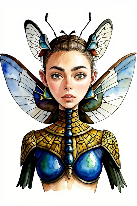 an extremely detailed, intricate watercolor painting of <lora:sd15_ElizabethTurner_mini_v1:.9> ElizabethTurner with ant antenna on her head, she has multifaceted eyes, she has insect wings for ears