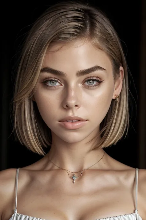 Une jeune femme saisissante aux cheveux courts, cheveux blond platine, lui donnant une aura moderne et audacieuse. Sa coupe de cheveux élégante et ses traits fins dégagent une sophistication naturelle.. Elle porte un maquillage léger qui accentue ses yeux expressifs et ses lèvres délicatement formées.. Son style est l&#39;incarnation du minimalisme chic: une chemise blanche élégante, parfaitement ajusté, avec un décolleté discret mais séduisant. La qualité supérieure du tissu ajoute une touche d&#39;élégance raffinée.