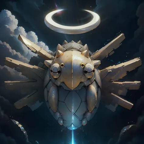 masterpiece,best quality, <lora:guichan_v1b:0.8>, pokemon \(creature\), bug, husk, micro details ,clouds , glowing crescent halo, ,<lora:BlessedTech-20:0.8>, blessedtech , blessed, aura ,gold, blue sky,