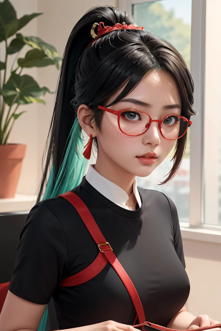 (masterpiece, best quality), 1girl, <lora:xianyun_v1:1> xianyun, glasses,ponytail, red-framed eyewear, under-rim eyewear,ponytail