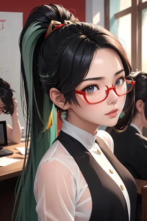 (masterpiece, best quality), 1girl,  <lora:xianyun_v1:1> xianyun,  glasses,ponytail, red-framed eyewear, under-rim eyewear,ponytail