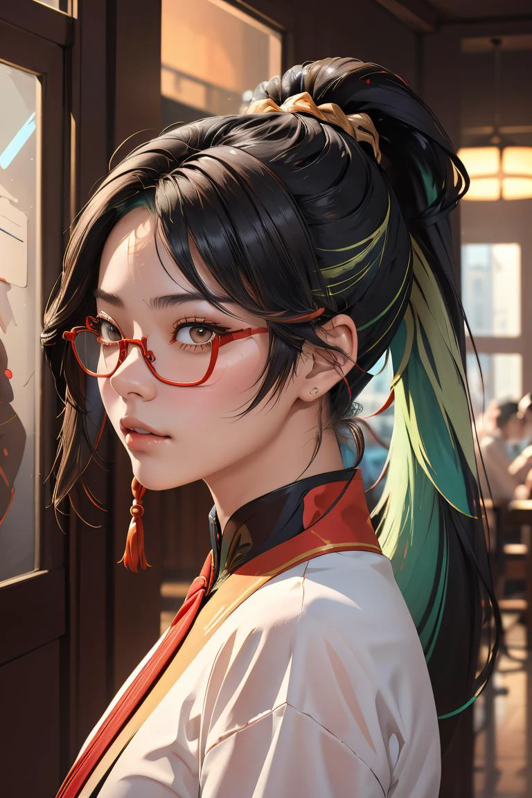 (masterpiece, best quality), 1girl, <lora:xianyun_v1:1> xianyun, glasses,ponytail, red-framed eyewear, under-rim eyewear,ponytail