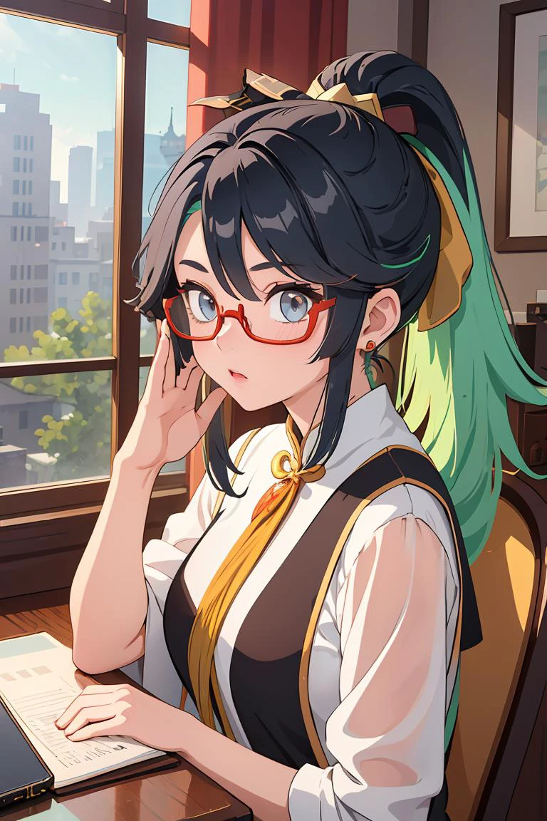 (masterpiece, best quality), 1girl, <lora:xianyun_v1:1> xianyun, glasses,ponytail, red-framed eyewear, under-rim eyewear,ponytail