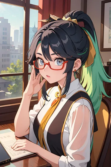 (masterpiece, best quality), 1girl,  <lora:xianyun_v1:1> xianyun,  glasses,ponytail, red-framed eyewear, under-rim eyewear,ponytail