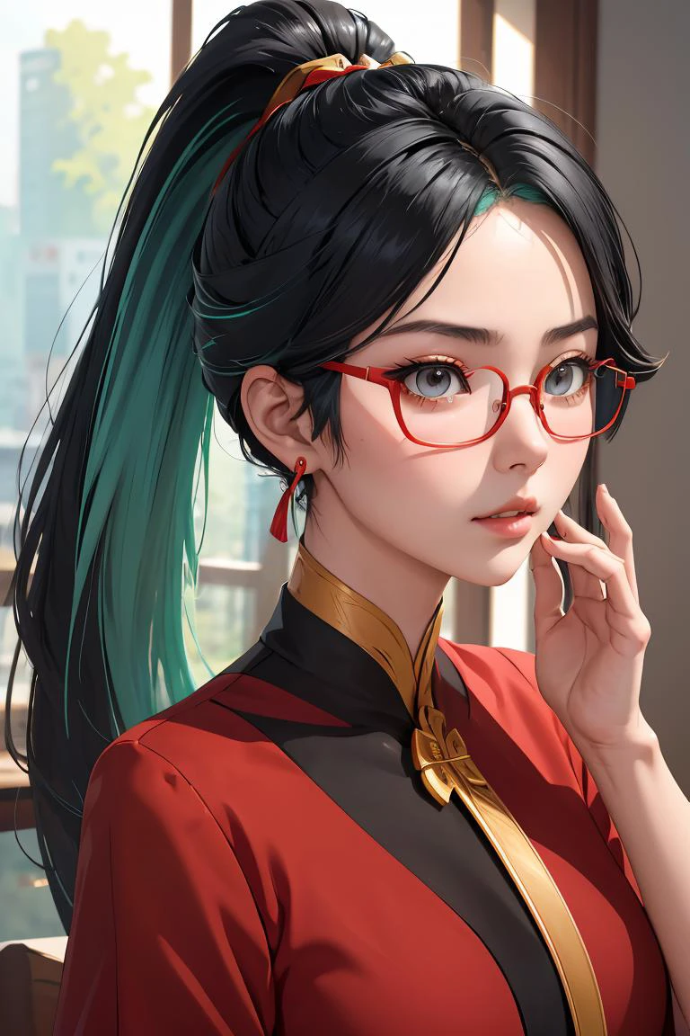 (masterpiece, best quality), 1girl, <lora:xianyun_v1:1> xianyun, glasses,ponytail, red-framed eyewear, under-rim eyewear,ponytail