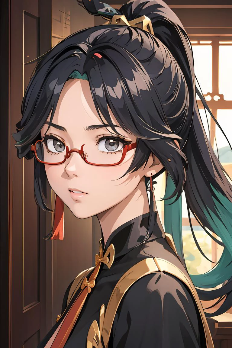 (masterpiece, best quality), 1girl, <lora:xianyun_v1:1> xianyun, glasses,ponytail, red-framed eyewear, under-rim eyewear,ponytail