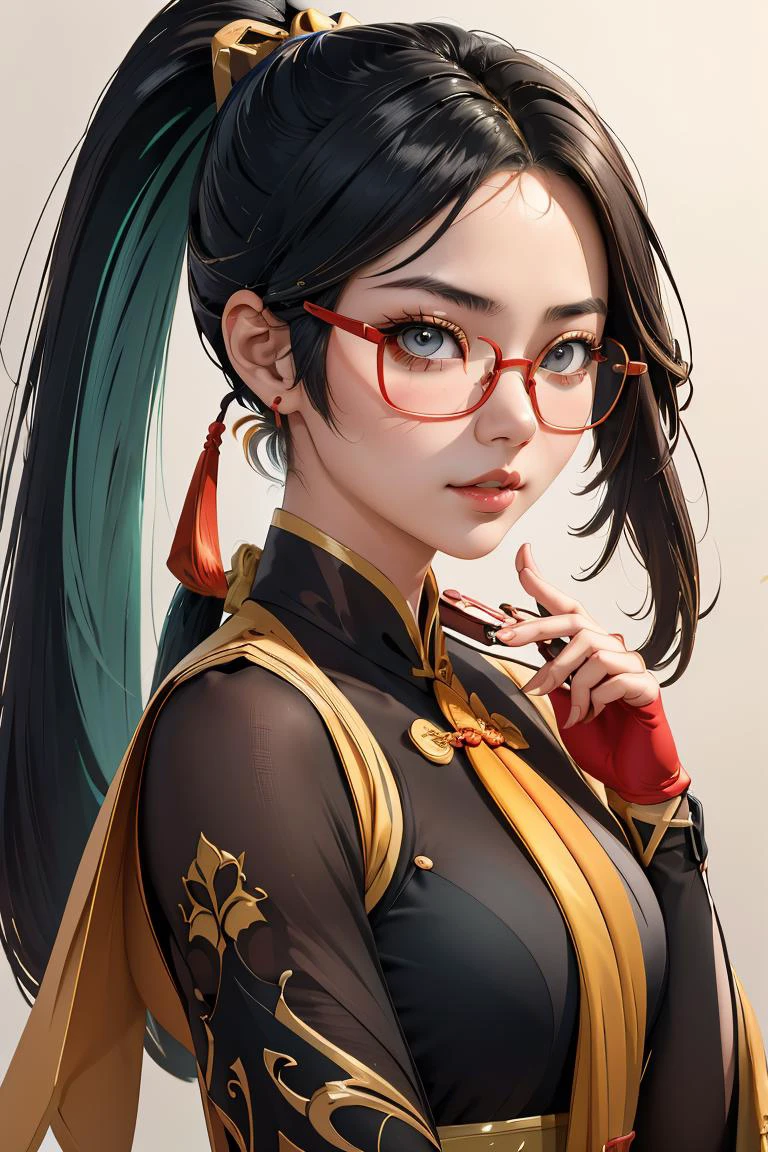(masterpiece, best quality), 1girl, <lora:xianyun_v1:1> xianyun, glasses,ponytail, red-framed eyewear, under-rim eyewear,ponytail