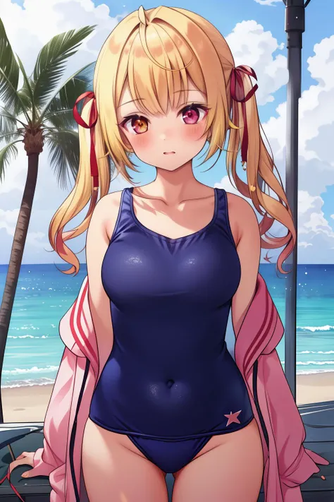16k, highres, masterpiece, best quality,
cinematic photo,
pinup of 1girl, looking at viewer, from below, in beach, humiliation, embarrassed, blush,
hks, hoshikawa sara, blonde hair, twintails, ahoge, hair ribbon,red ribbon, heterochromia, breasts,
school swimsuit,
<lora:Hoshikawa_sara_locon_v1:0.7>,
35mm photograph, film, bokeh, professional, 4k, highly detailed,