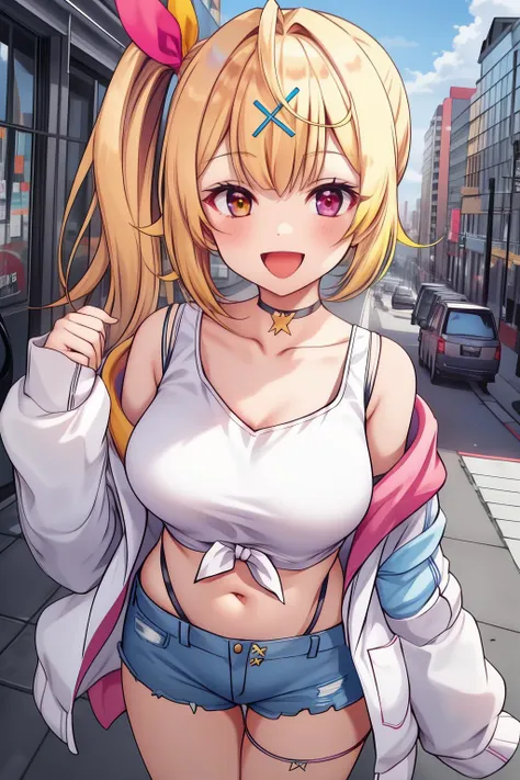 16k, highres, masterpiece, best quality, 
cinematic photo, 
pinup of 1girl, looking at viewer, dating, outdoors, daytime, joyful, arm on head,  :d ,  pov, from above,
hks, hoshikawa sara, blonde hair,  (side ponytail:1.2), multicolored hair ribbon, ahoge, x hair ornament,  heterochromia, large breasts
white tank top, crop top,  off shoulder,open jacket,collarbone, choker, sleeves past fingers,navel,blue shorts,
<lora:Hoshikawa_sara_locon_v1:0.7>,
35mm photograph, film, bokeh, professional, 4k, highly detailed,