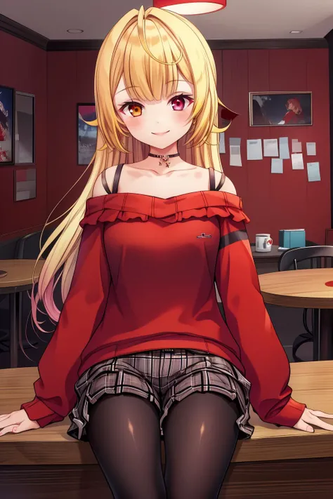 16k, highres, masterpiece, best quality,
cinematic photo,
pinup of 1girl, looking at viewer, in cafe, smile,
hks, hoshikawa sara, blonde hair, alternate hairstyle, very long hair, ahoge, heterochromia, breasts,
off shoulder shirt, red sweater, long sleeves, bare shoulders, collarbone, choker, red bow, plaid shorts, black pantyhose, <lora:Hoshikawa_sara_locon_v1:0.7>,
35mm photograph, film, bokeh, professional, 4k, highly detailed,