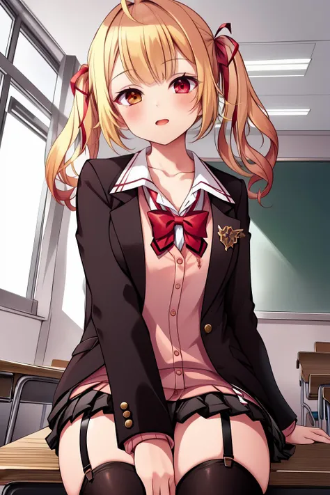 16k, highres, masterpiece, best quality,
cinematic photo,
pinup of 1girl, looking at viewer, sitting on desk, in classroom, joyful, from below,
hks, hoshikawa sara, blonde hair, twintails, ahoge, hair ribbon,red ribbon, heterochromia, breasts,
school uniform, brown jacket, white shirt, collarbone, bowtie, pleated miniskirt, open jacket, black thighhighs, garter straps,
<lora:Hoshikawa_sara_locon_v1:0.7>,
35mm photograph, film, bokeh, professional, 4k, highly detailed,