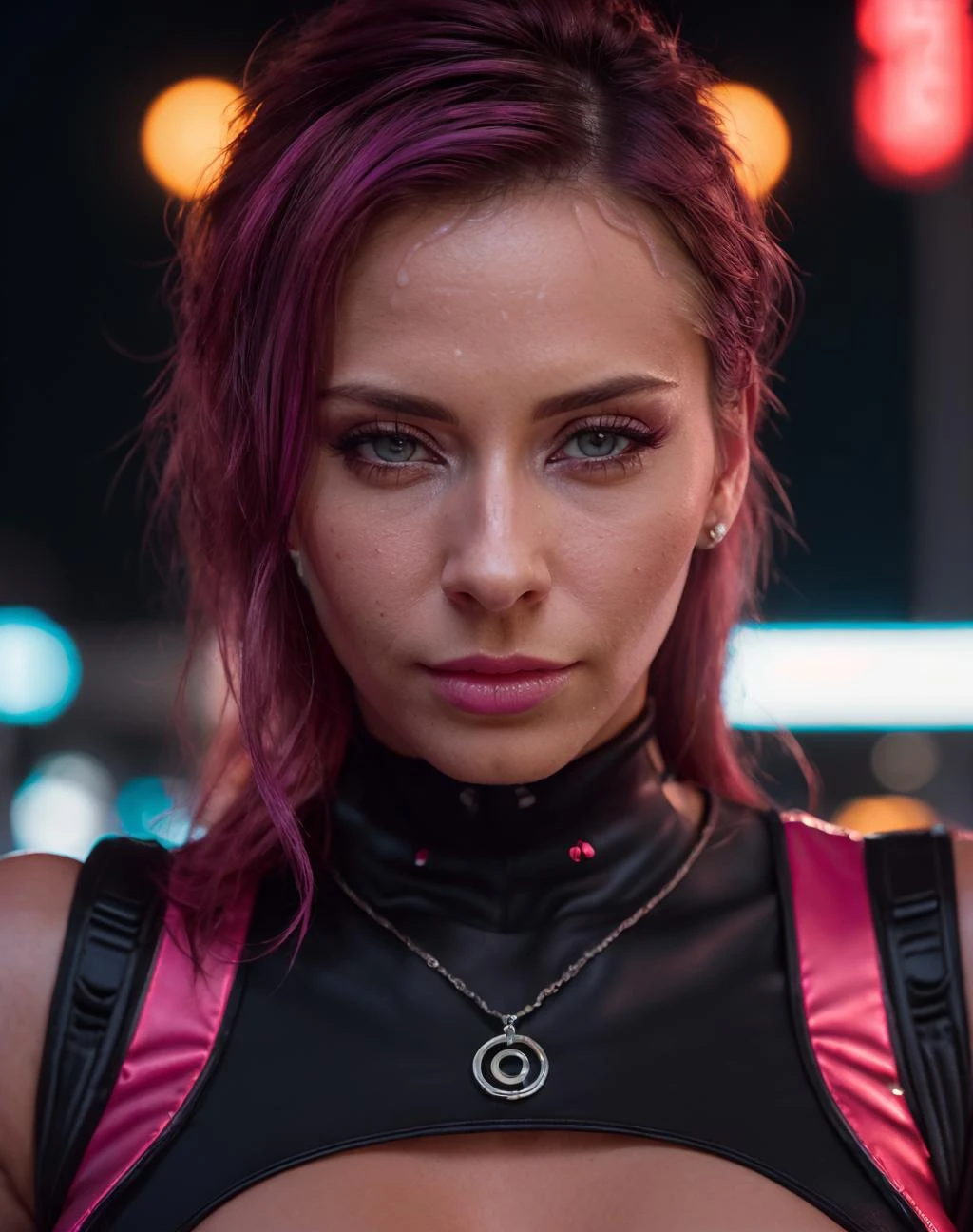neonpunk style cinematic film still breathtaking (realistic, photorealistic), a 30 years old woman wearing bdsm suit, (high quality skin:1), (high detailed face skin:1.1), (realistic iris:1.1), (realistic pupils:1.1), (skin pores, skin imperfections),
<lora:quiron_MadisonIvy_v1_lora:1> Madisonivyquiron woman, . award-winning, professional, highly detailed . shallow depth of field, vignette, highly detailed, high budget Hollywood movie, bokeh, cinemascope, moody, epic, gorgeous, film grain, grainy . cyberpunk, vaporwave, neon, vibes, vibrant, stunningly beautiful, crisp, detailed, sleek, ultramodern, magenta highlights, dark purple shadows, high contrast, cinematic, ultra detailed, intricate, professional