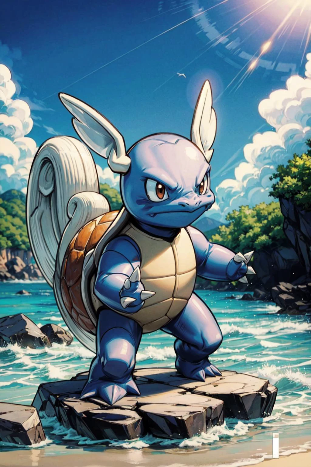 solo, full body, dynamic pose, <lora:Wartortle_Pokemon_Anime:0.6> Wartortle_Pokemon, beach, rocks, <lora:add_detail:0.7>,