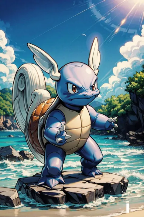 solo, full body, dynamic pose, <lora:Wartortle_Pokemon_Anime:0.6> Wartortle_Pokemon, beach, rocks, <lora:add_detail:0.7>,