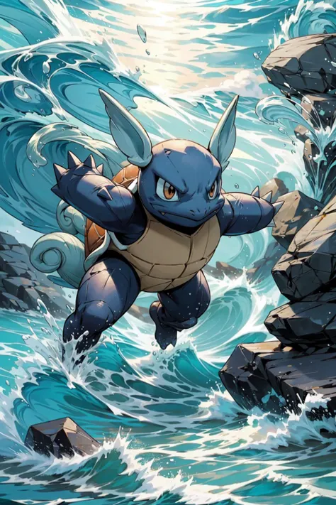 solo, full body, dynamic pose, <lora:Wartortle_Pokemon_Anime:0.6> Wartortle_Pokemon, beach, rocks, <lora:add_detail:0.7>, <lora:Concept - Hydromancer:0.3>, hydr0mancer, water, waves, hydrokinesis, splashing,