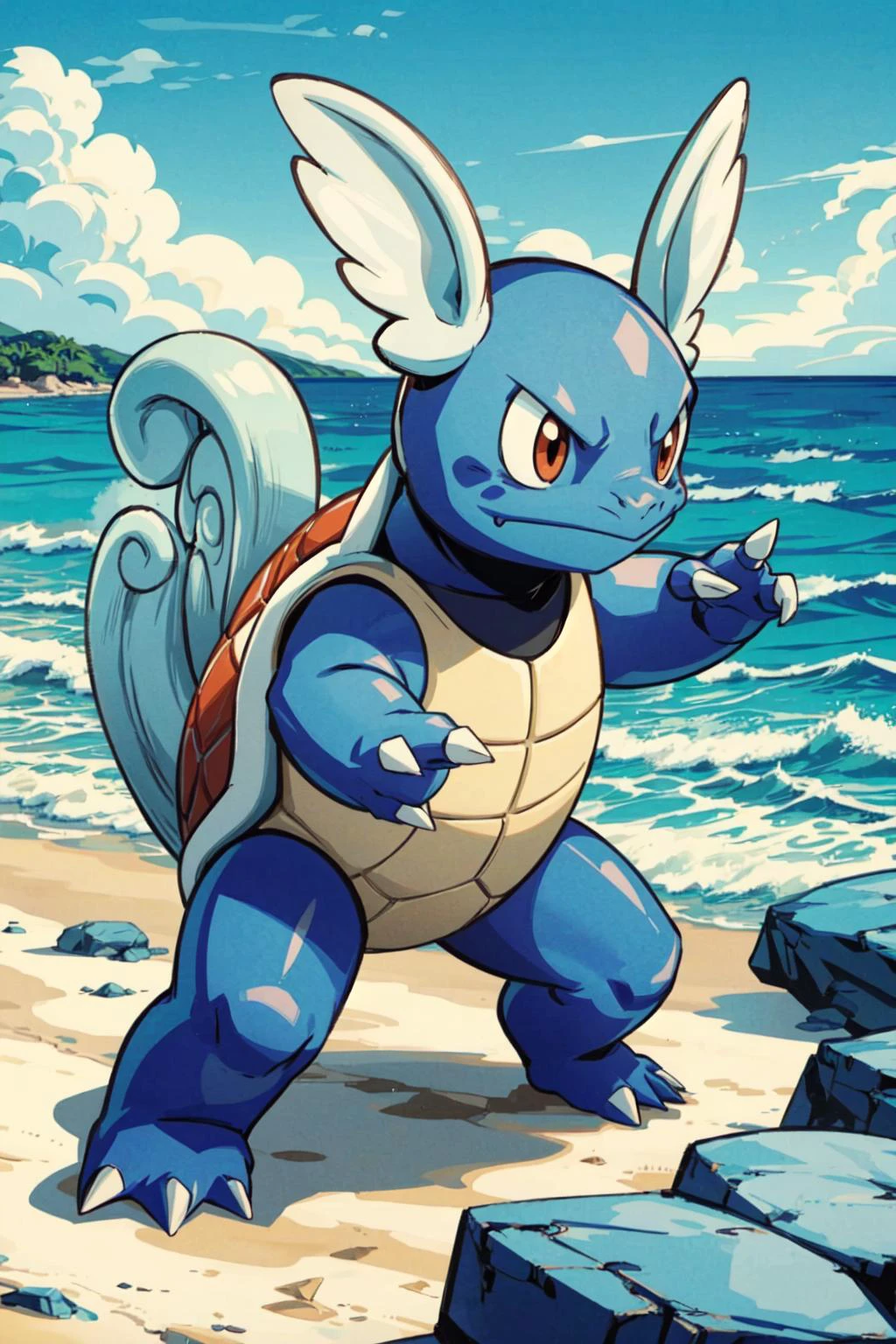solo, full body, dynamic pose, <lora:Wartortle_Pokemon_Anime:0.6> Wartortle_Pokemon, beach, rocks, <lora:add_detail:0.7>,
