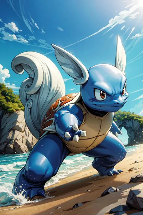 solo, full body, dynamic pose, <lora:Wartortle_Pokemon_Anime:0.6> Wartortle_Pokemon, beach, rocks, <lora:add_detail:0.7>,