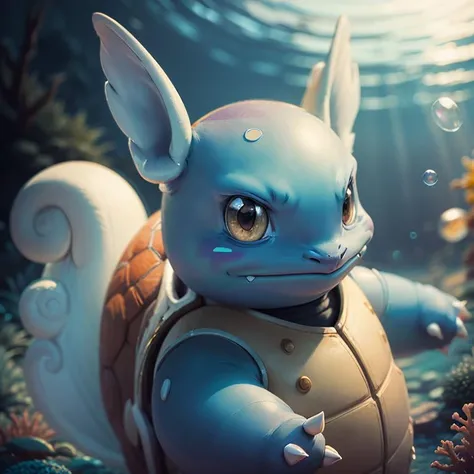 centered, award winning photo, (looking at viewer:1.2), | Wartortle_Pokemon, |underwater, bubbleokeh, depth of field, cinematic composition, |