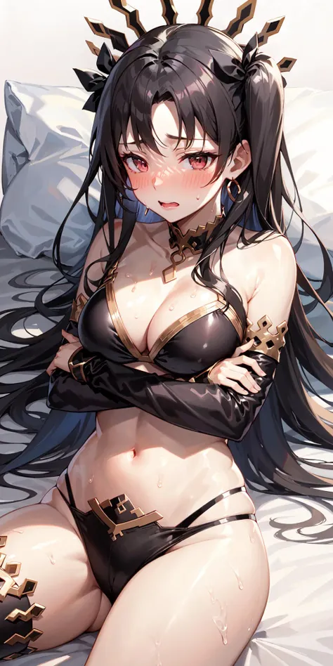 (masterpiece), (perfect hands), best quality, expressive eyes, perfect face, woman with long curly black hair with bangs, wearing black bra and panties, ahegao face