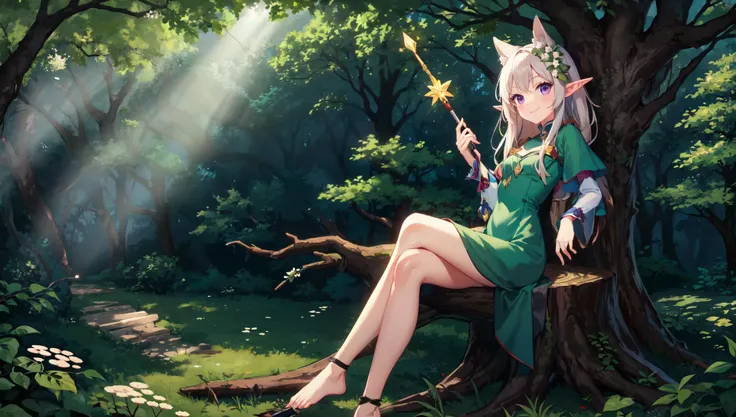 Elf, long ears, violet eyes, slender body, small breasts, green dress, white flowers, in a magical forest, trees, flowers, sunlight through the canopy, sitting on a tree stump, holding a wand, looking at the wand, legs crossed, serene smile.