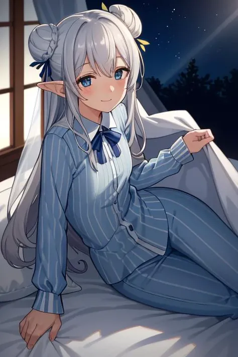 (best quality:1.2) (4k:1.) (very high resolution:1.1) (realistic photograph:1.1) , (ultra detailed CG illustration:1.1) ,
1girl elf solo (small breasts:1.) (detailed face:1.) , (silver double bun:1.1) ,
<lyco:bed_invitation:1.0> (bed_invitation:1.1) , lying on side , bed sheet , blanket ,
light blue striped pajama , pants , long sleeves , blush grin ,
(detailed background:1.1) , indoors , bed , pillow , windows , midnight , night view , moonlight , (cinematic lighting1)