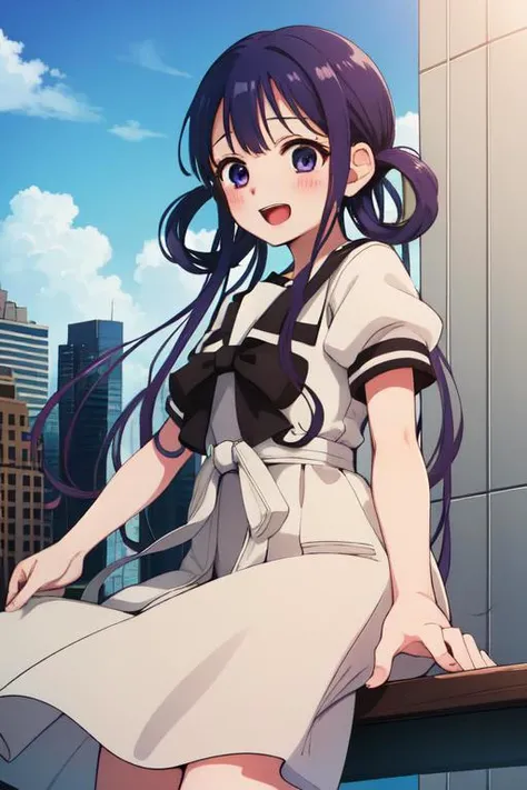 (masterpiece, best quality:1.2), 
<lora:Aoi_Akane-07:0.9>, aoi akane, 1girl, solo, happy, open mouth, short sleeves, white school uniform, dress, bow, white serafuku with white bow, puffy sleeves, brown sailor collar, black socks, blush,  on top of tall buildings in the New York city