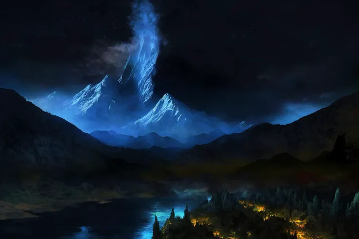 Abstract landscape painting with colored starry sky background, dark night, (dark night:1.5), (fantasy:1.5), mountain river, fantastic plants, (view_from_ground_level, view_from_human_height:1.5)
