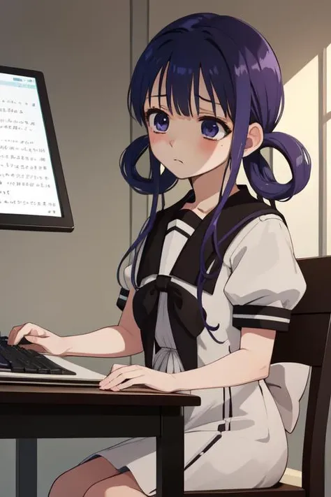 (masterpiece, best quality:1.2), 
<lora:Aoi_Akane-07:0.9>, aoi akane, 1girl, solo, focused face, short sleeves, white school uniform, dress, bow, white serafuku with white bow, puffy sleeves, brown sailor collar, black socks, blush, indoors, monitor, typing
