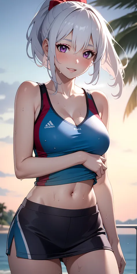 realistic, 1girl, ponytail, parted lips, blush, makeup, light smile, white hair, sportswear, skirt, wet clothes, glow, thighs, purple eye, bare shoulders, collarbone, narrow waist, sunbeam, sunlight, rose, wind, cleavage, (masterpiece), sweat,