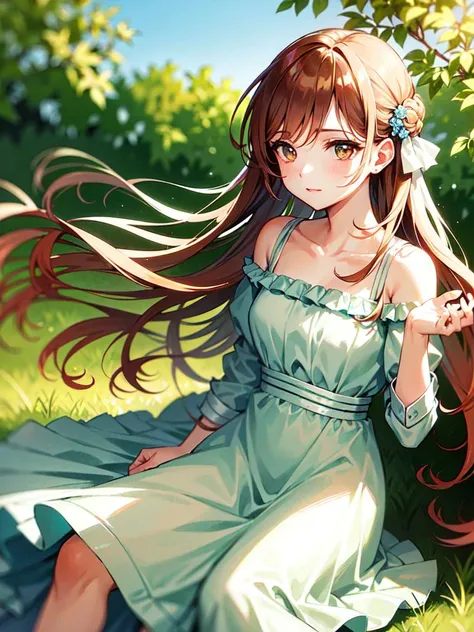 close up, beautiful watercolor-style illustration of a beautiful woman sitting on a grassy hill wearing a flowing dress adorned with ribbons and bows, breeze blow her hair and dress, all while imagining the amazing adventures awaiting her, vivid landscapes