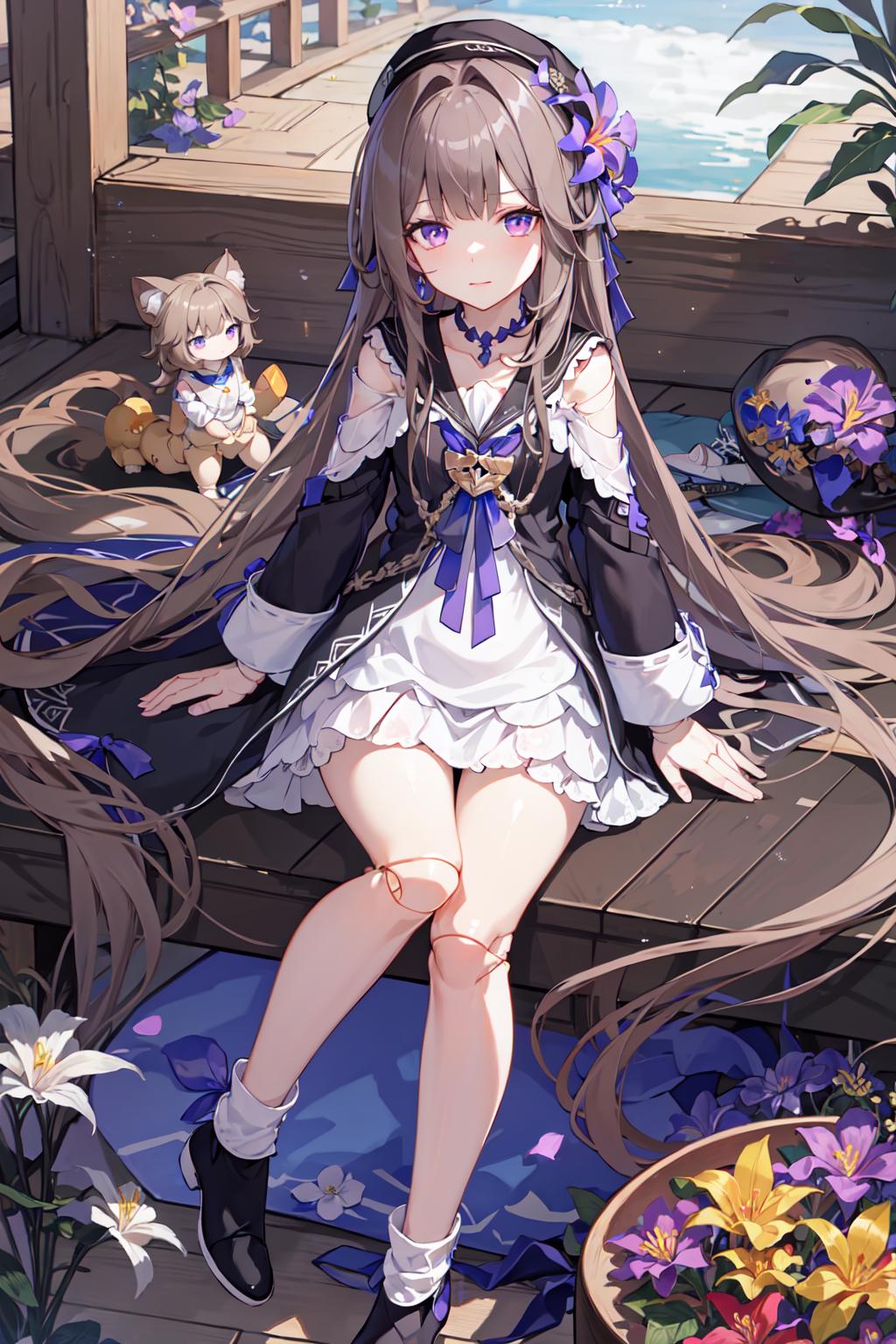 Anime girl sitting on a bench with flowers and a teddy bear - SeaArt AI