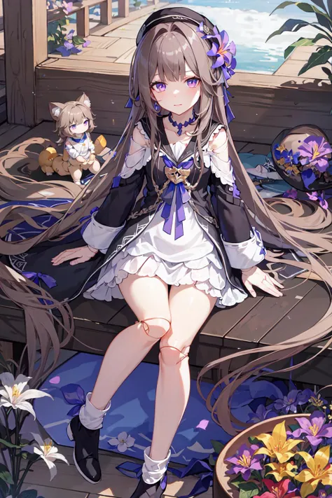 (masterpiece), best quality, ultra-detailed, highres, amazing art, extremely detailed wallpaper,
shiny skin, skin reflecting light, raytracing light, HDR,
1girl, (petite:1.2),
detailed face, kawaii girl,
purple eyes, long hair, brown hair, hair flower, hat,
dress, (mannequin), wooden joints,
bare shoulder,
sock, shoes,
medium shot,