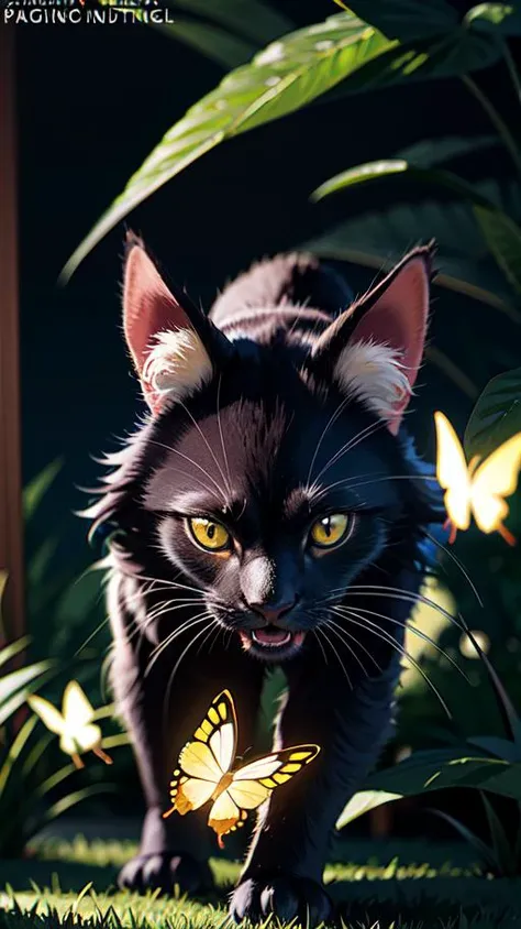 A mischievous cat, with fur as black as night, playfully pouncing on a fluttering butterfly in a whimsical garden adorned with vibrant orange, light green, and yellow flowers, (8k, RAW photo, best quality, masterpiece:1.2), (realistic, photo-realistic:1.37), professional lighting, photon mapping, radiosity, physically-based rendering,