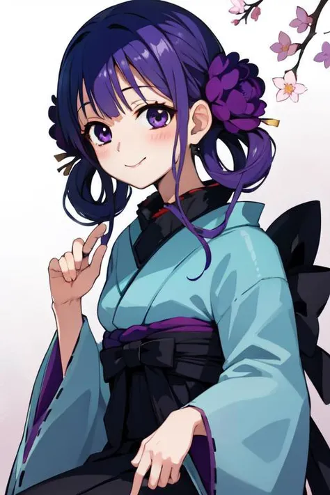 (masterpiece, best quality:1.2), 
<lora:Aoi_Akane-07:0.9>, aoi akane, purple hair, purple eyes, 1girl, solo, smile, hair ornament, hair flower, japanese clothes, ((blue kimono)), black dress, long sleeves, obi, blush